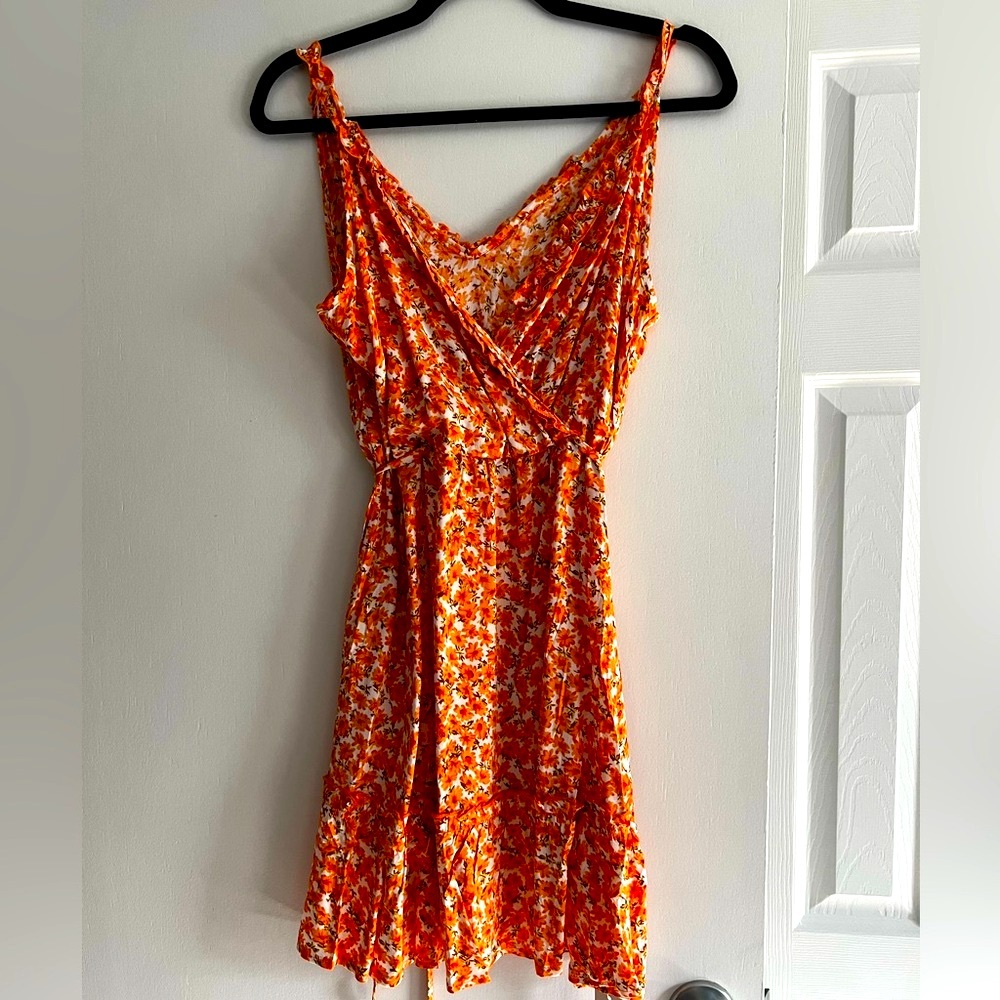 Tangerine Floral Print Frill Sleeveless Summer Mini Dress